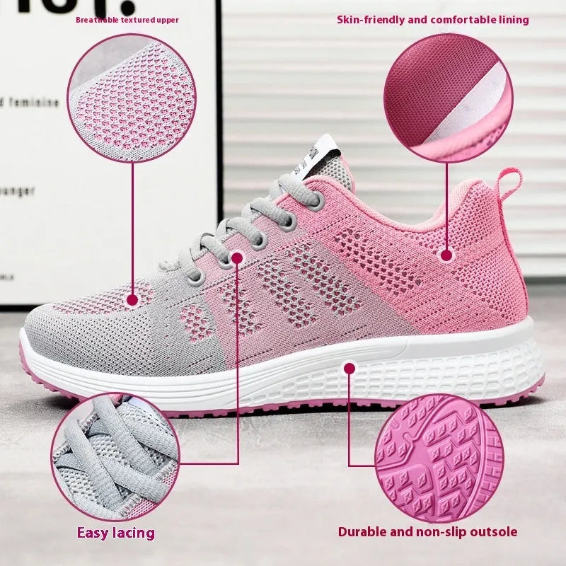 Women's running shoes with Flyknit upper and soft sole in black, rose red or grey pink colours