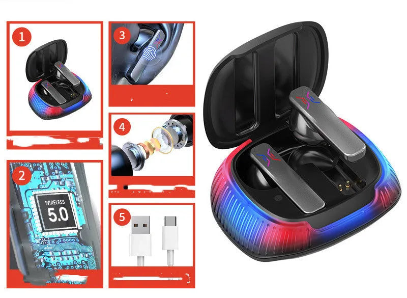 Hall Flashing wireless gaming earplug headset in black or white with Bluetooth 5.0 and 120H battery.