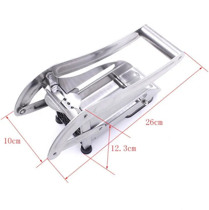 Potato cutter kitchen gadget with two stainless steel blades and non-slip rubber foot