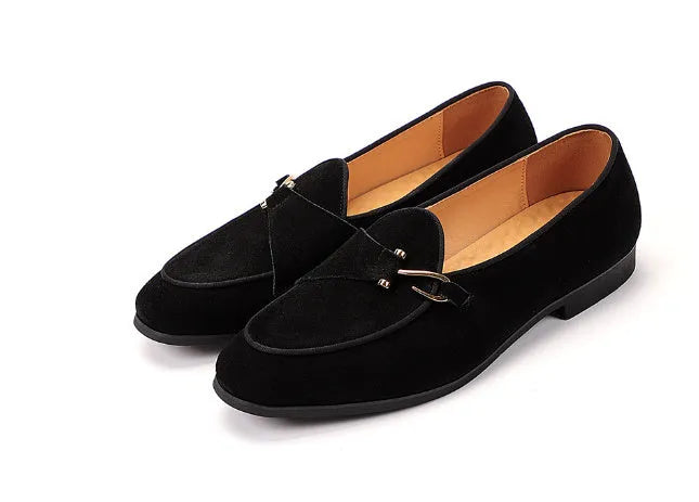 Pair of men's cow split suede leather loafers with low heel and metal detail in beige
