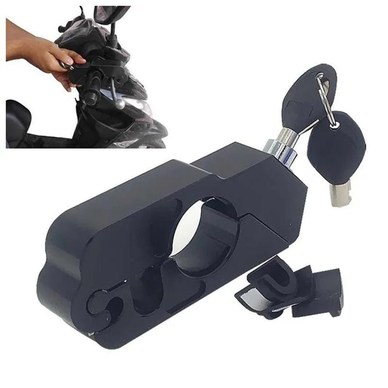 Motorcycle handlebar lock in black CNC aluminum with stainless steel wire and two keys