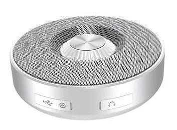 Compact black, orange, and silvery white Bluetooth wireless sound box speaker on a surface.