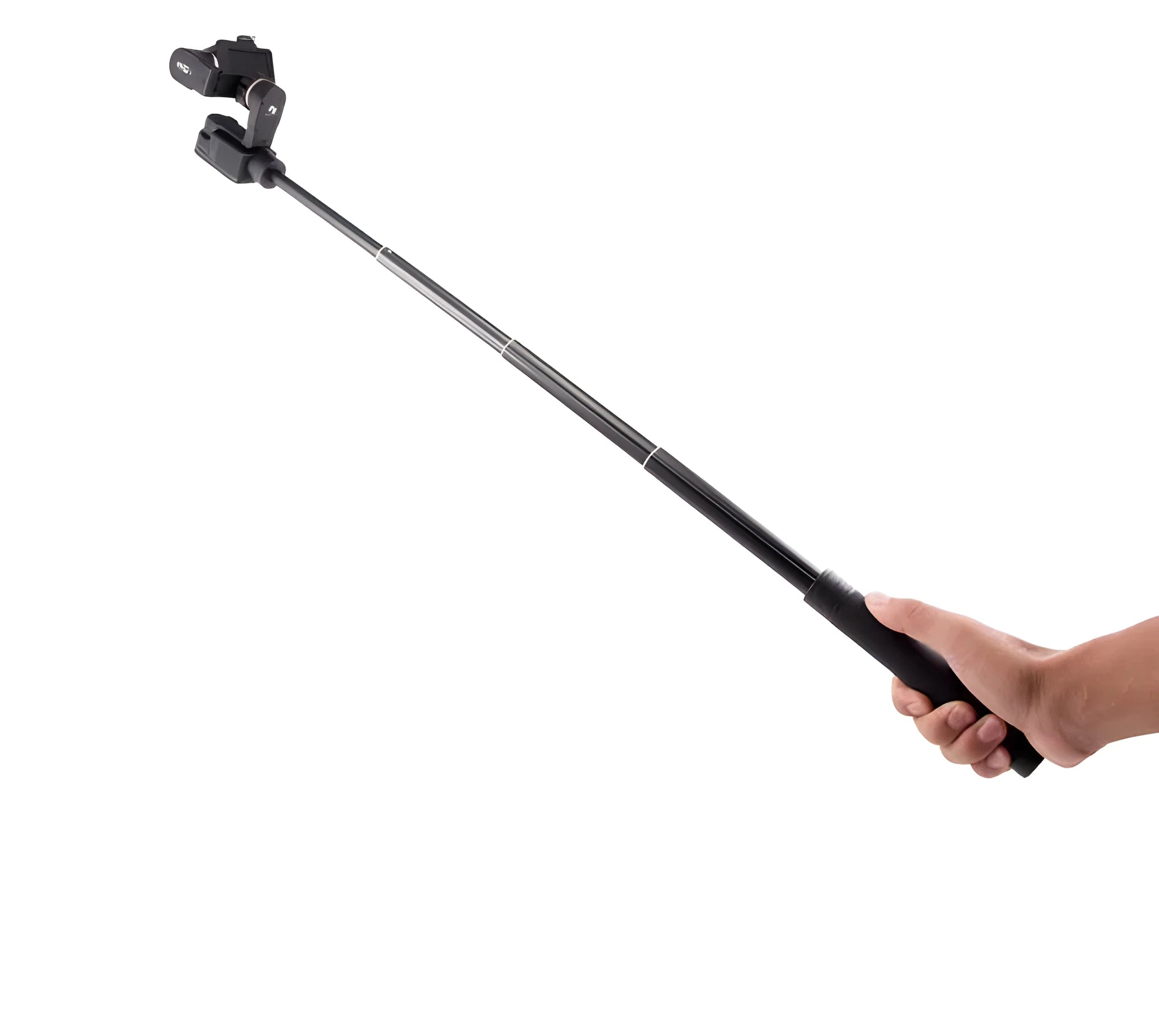 Black retractable aluminium selfie stick with phone clamp attached, shown extended and with a tripod mounted on its base.