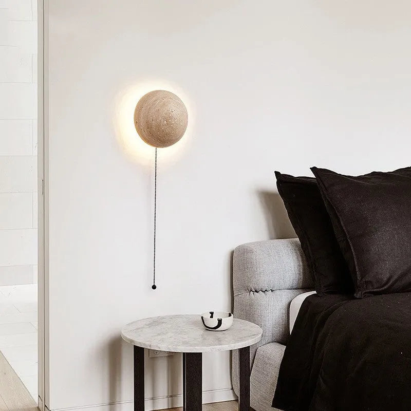 Semicircle yellow cave stone wall lamp with wooden bracket mounted on wall