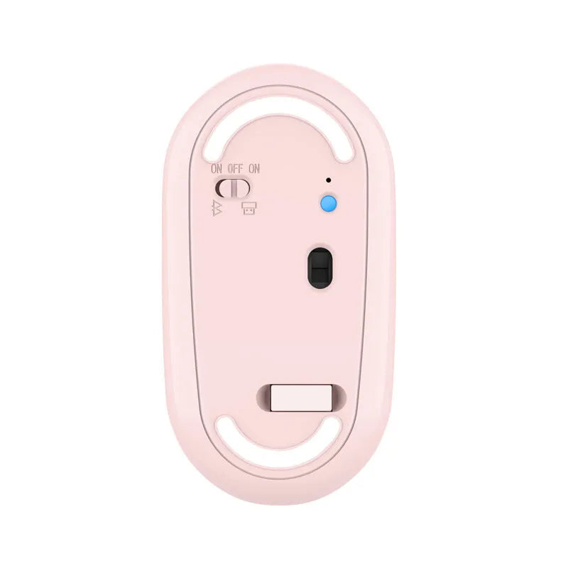 Rechargeable dual-mode wireless mouse in white with 2.4GHz and Bluetooth 5.0, 500mAh battery, compact 105x60x20mm size