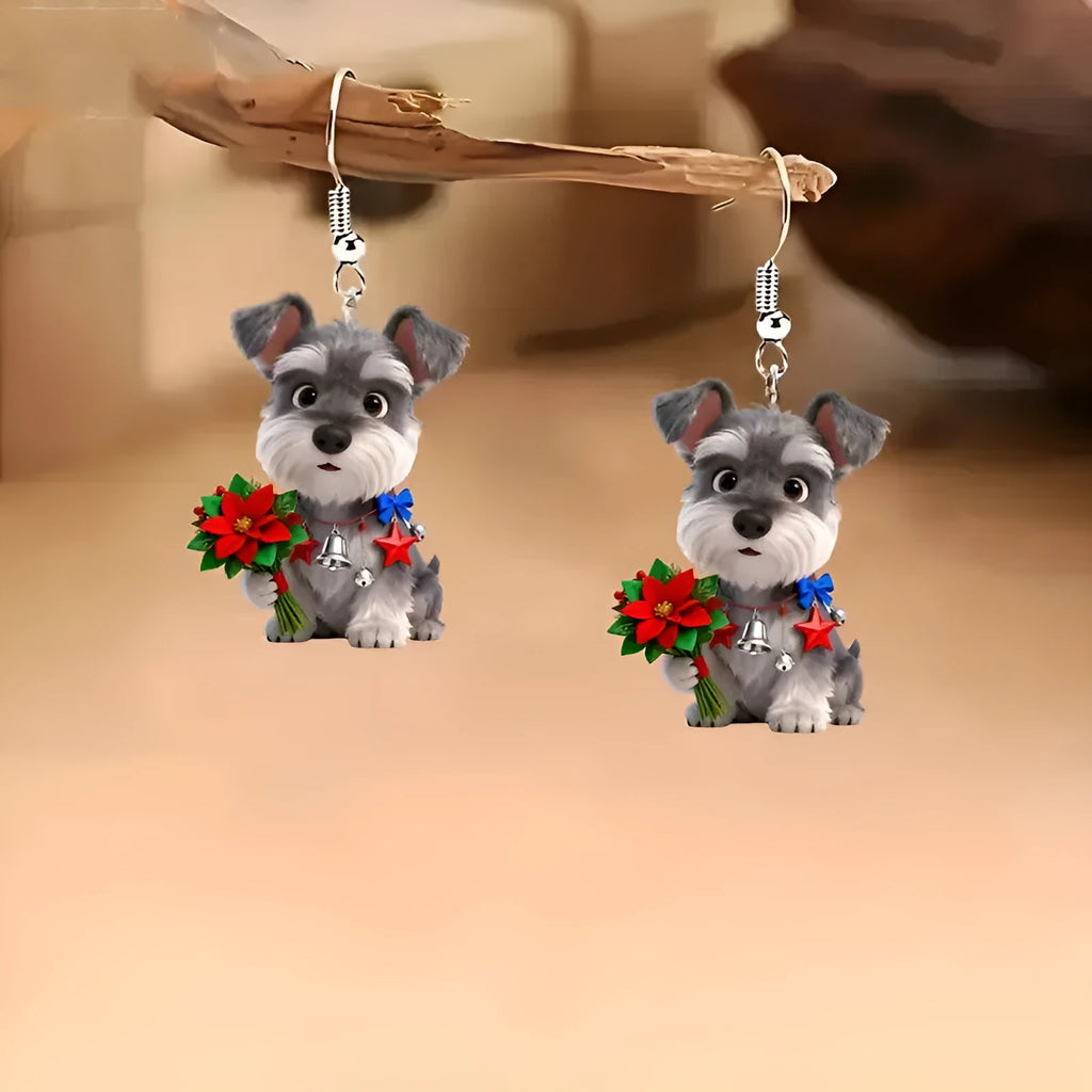 Flat cartoon acrylic Schnauzer dog earrings in Christmas style on a light background