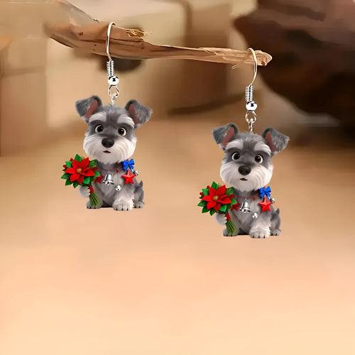 Flat cartoon acrylic Schnauzer dog earrings in Christmas style on a light background
