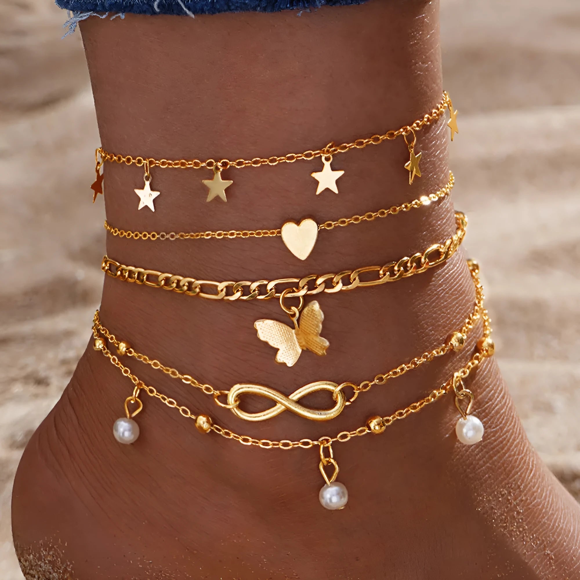 Butterfly pearl heart four-piece anklet set for women with multi-layer alloy chains