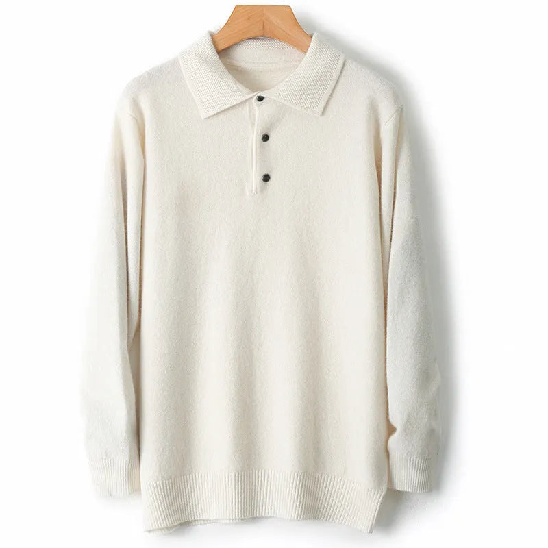 Men's grey wool pullover sweater with a polo collar and long sleeves laid flat