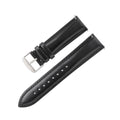 Quick-release leather watch strap in cowhide, shown in black with white stripe detail