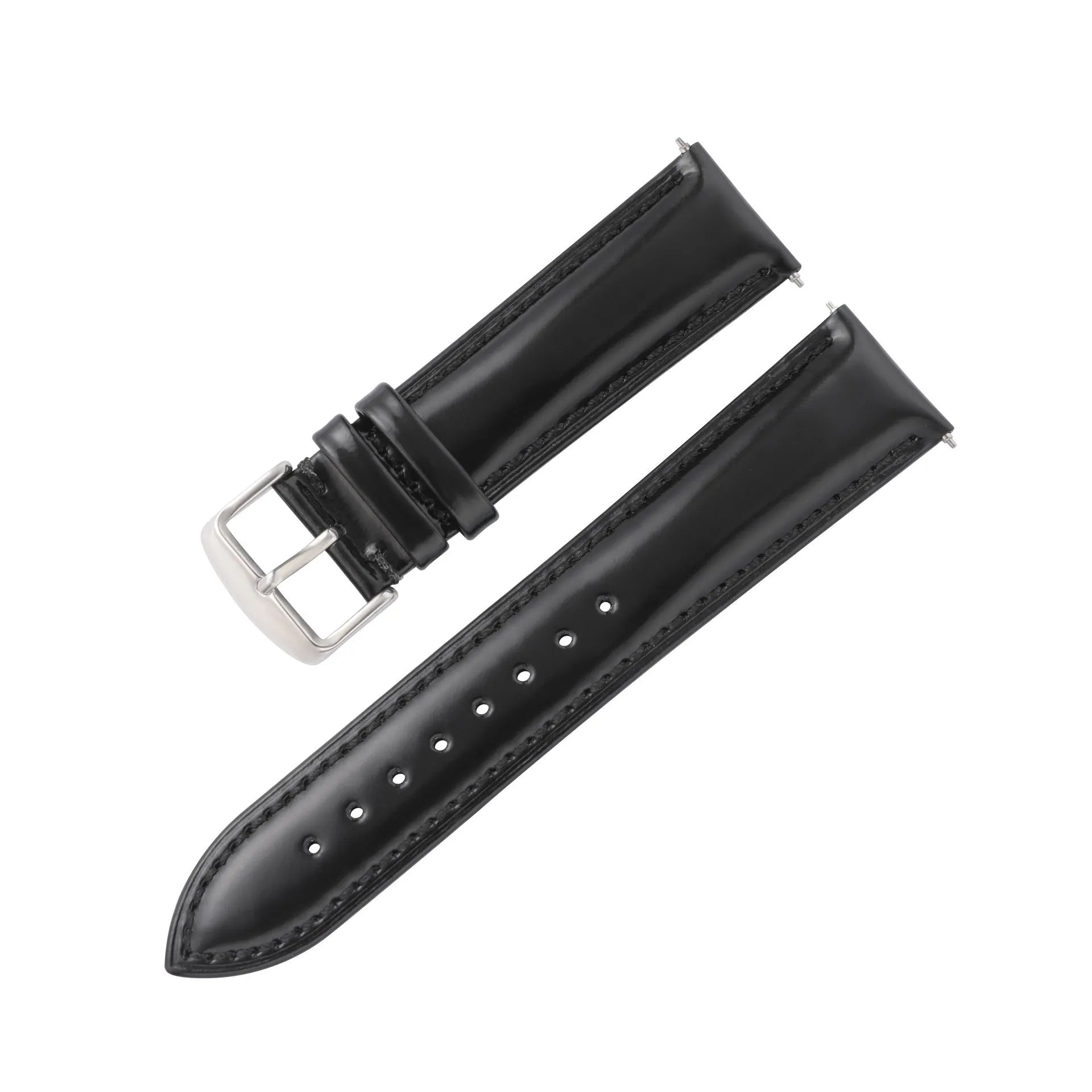 Quick-release leather watch strap in cowhide, shown in black with white stripe detail