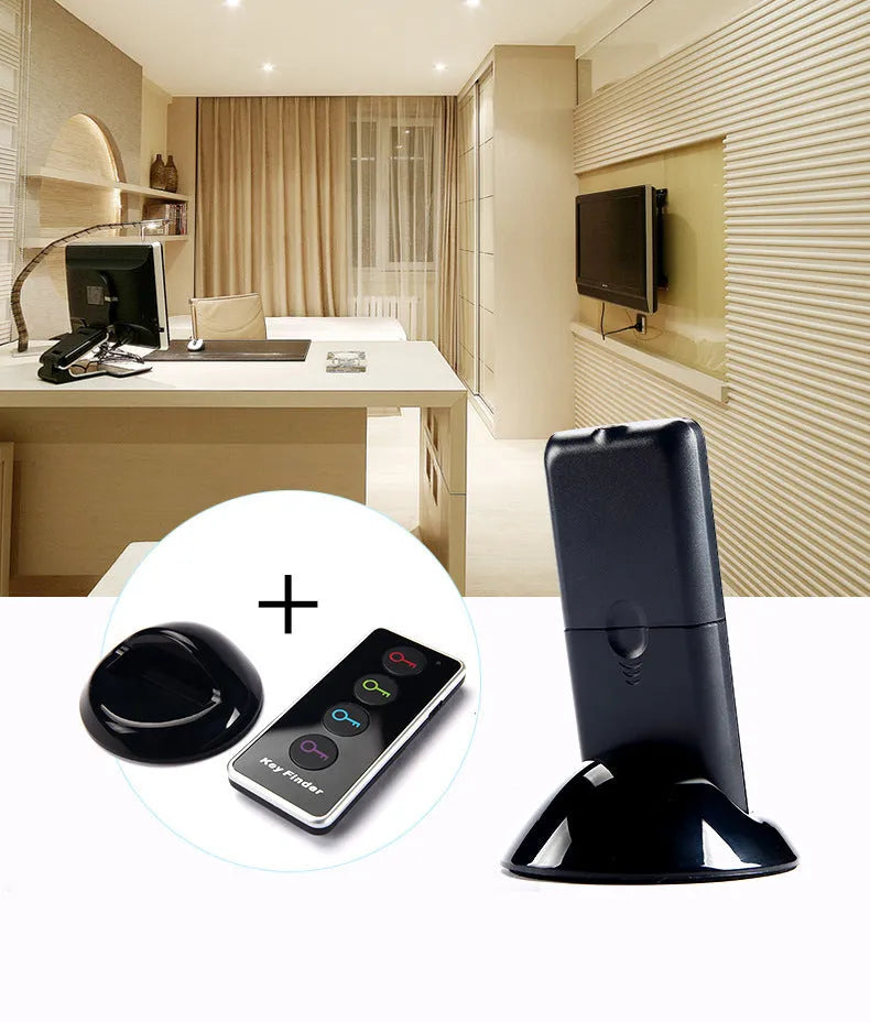 Wireless key locator one-to-four system with black emitter and four receivers, 40 metre range