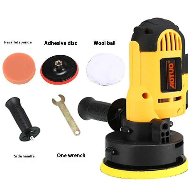 Yellow 700W car polishing machine set with polishing disk wool ball and side handle on white background