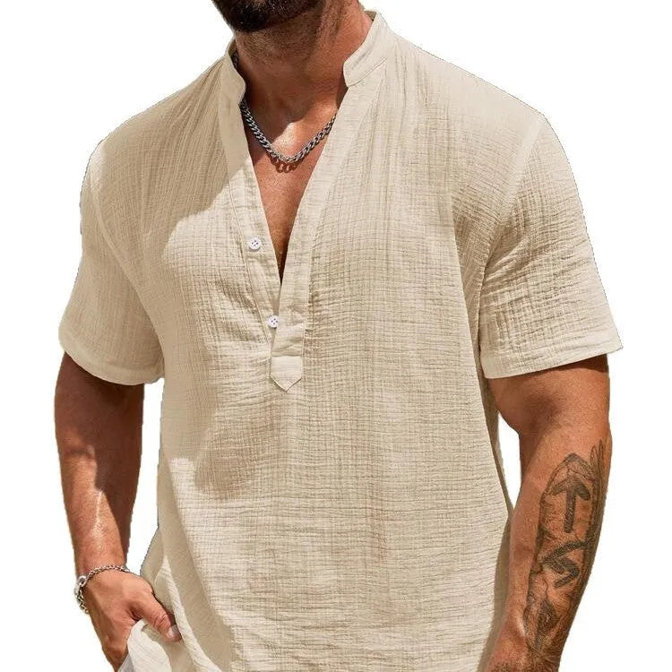 Men's solid colour short-sleeve shirt with a stand collar in a light blue shade.