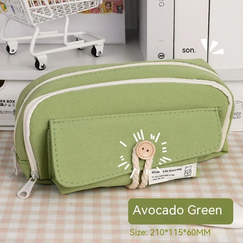 Green canvas pencil case with button closure, large capacity for pens.