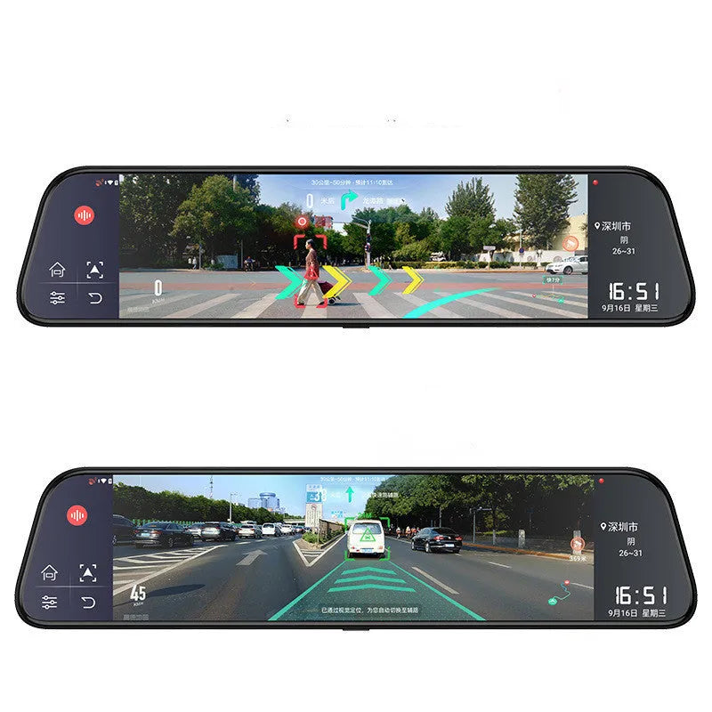 12-inch rearview mirror tachograph with touchscreen display and dual lens camera system