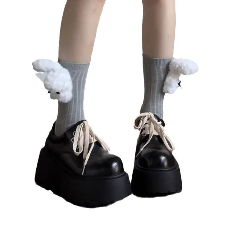 Women's matte black retro lace-up shoes with a thick rubber sole and a 6-8cm English muffin heel.