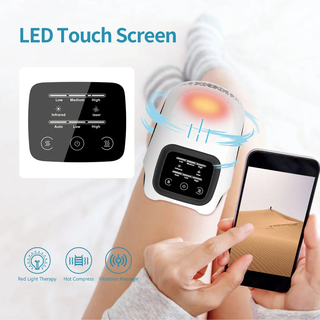 White rechargeable knee massager with infrared laser heating and intelligent kneading functions