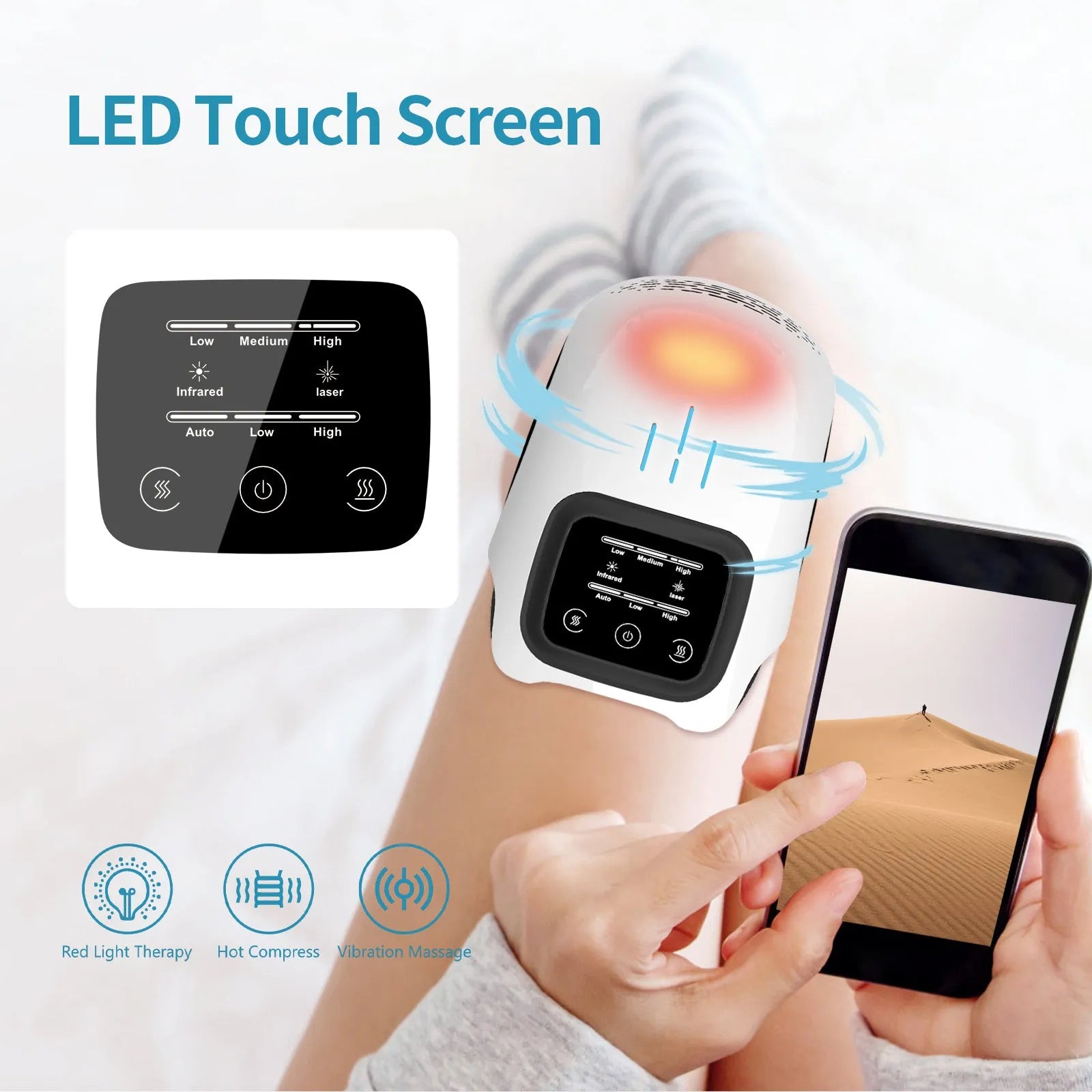 White rechargeable knee massager with infrared laser heating and intelligent kneading functions