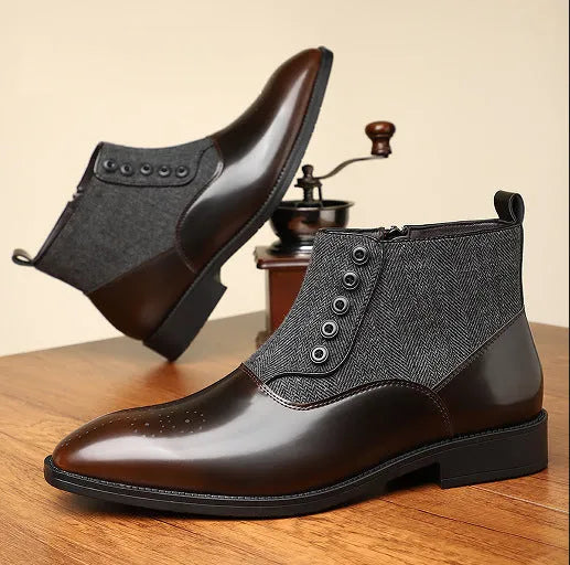 Men's brown retro formal leather shoes with side zipper and square toe on a plain background.