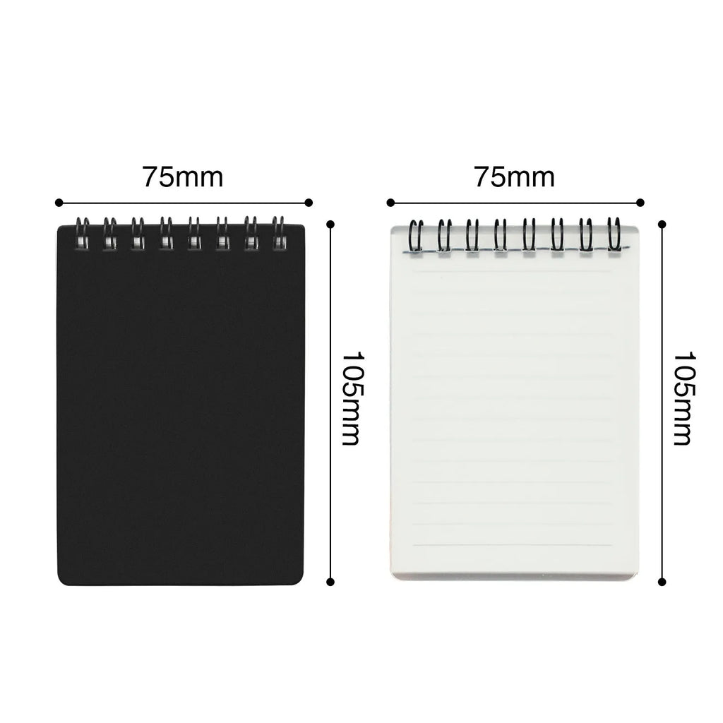 Spiral-bound business notepad with black and transparent white PP cover, pen, and cleaning cloth