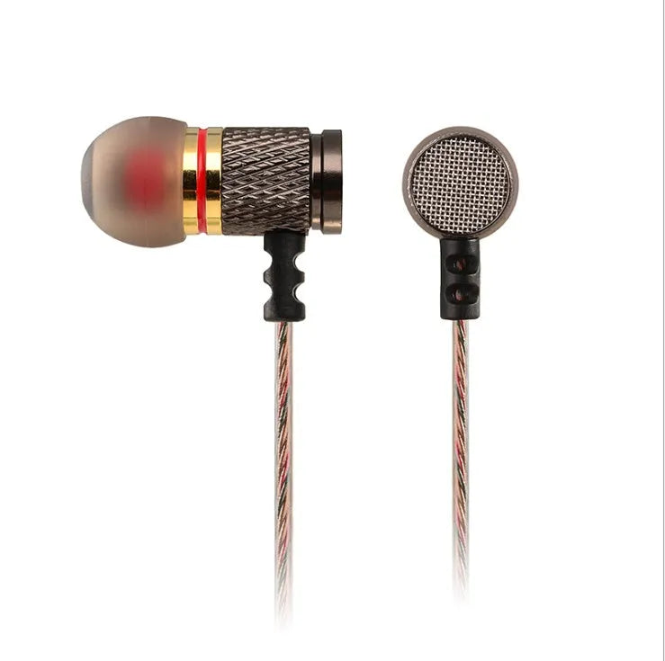Close-up of wired in-ear headphones with metal subwoofer, TPE earplugs, and a 3.5mm L-bend plug on a silicone cable.