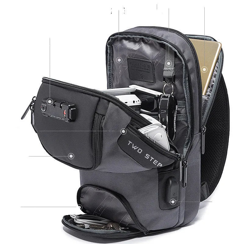 Men's Oxford cloth waist chest bag in black or grey, 21x12x35cm, with main bag, IPAD bag and compartment bag
