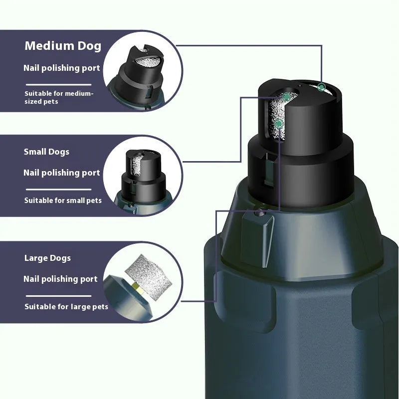 Dark blue electric pet nail grinder with rotary knob, LED light, and fine grinding head.