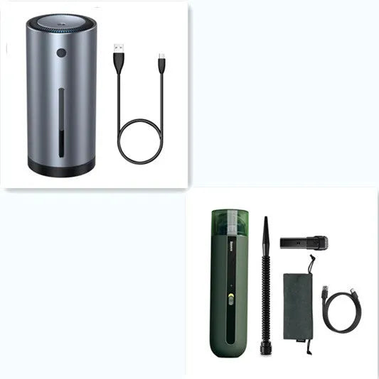 Starry sky black handheld car vacuum cleaner with a blowing hose attachment on a car seat.