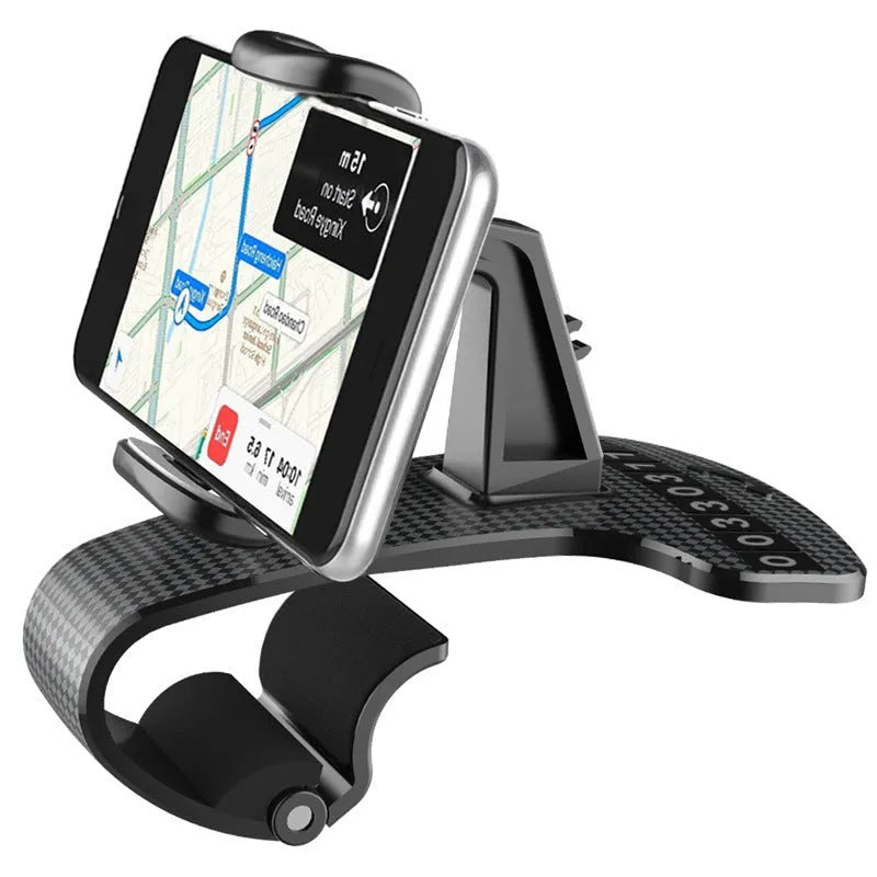 Black 360-degree adjustable universal car phone holder on a dashboard