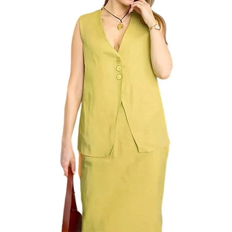 Women's blue casual two-piece set featuring a sleeveless vest and a long, loose-fitting skirt.