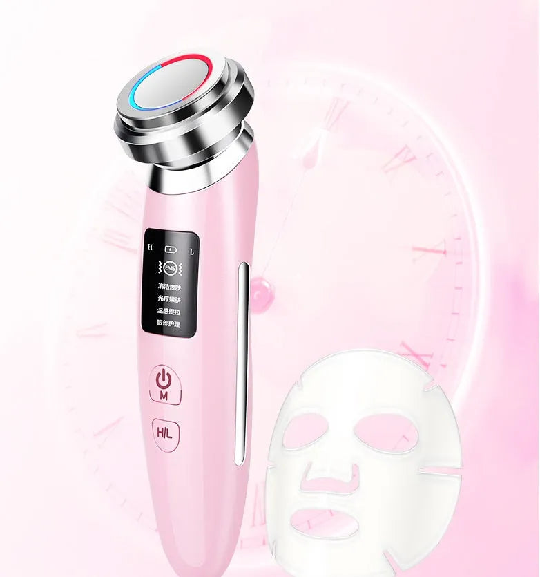 Pink skin rejuvenation instrument handheld facial cleansing beauty device showing dimensions