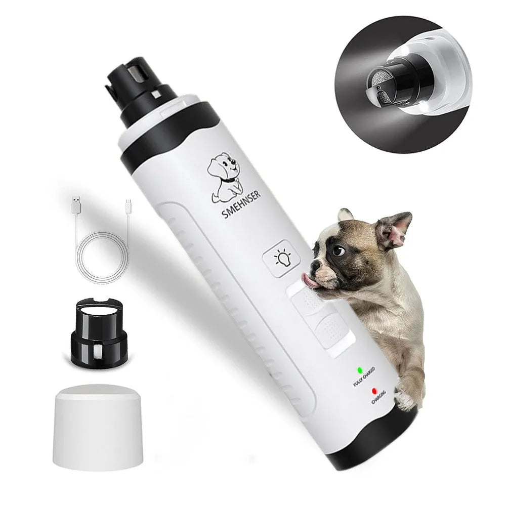 White electric dog nail grinder with LED light on handle and grinding head, showing dust collection port.