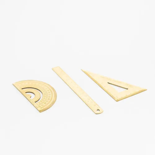 Stainless steel office ruler set with protractor, triangle plate, and 165mm ruler in rose gold finish, transparent sealing pocket