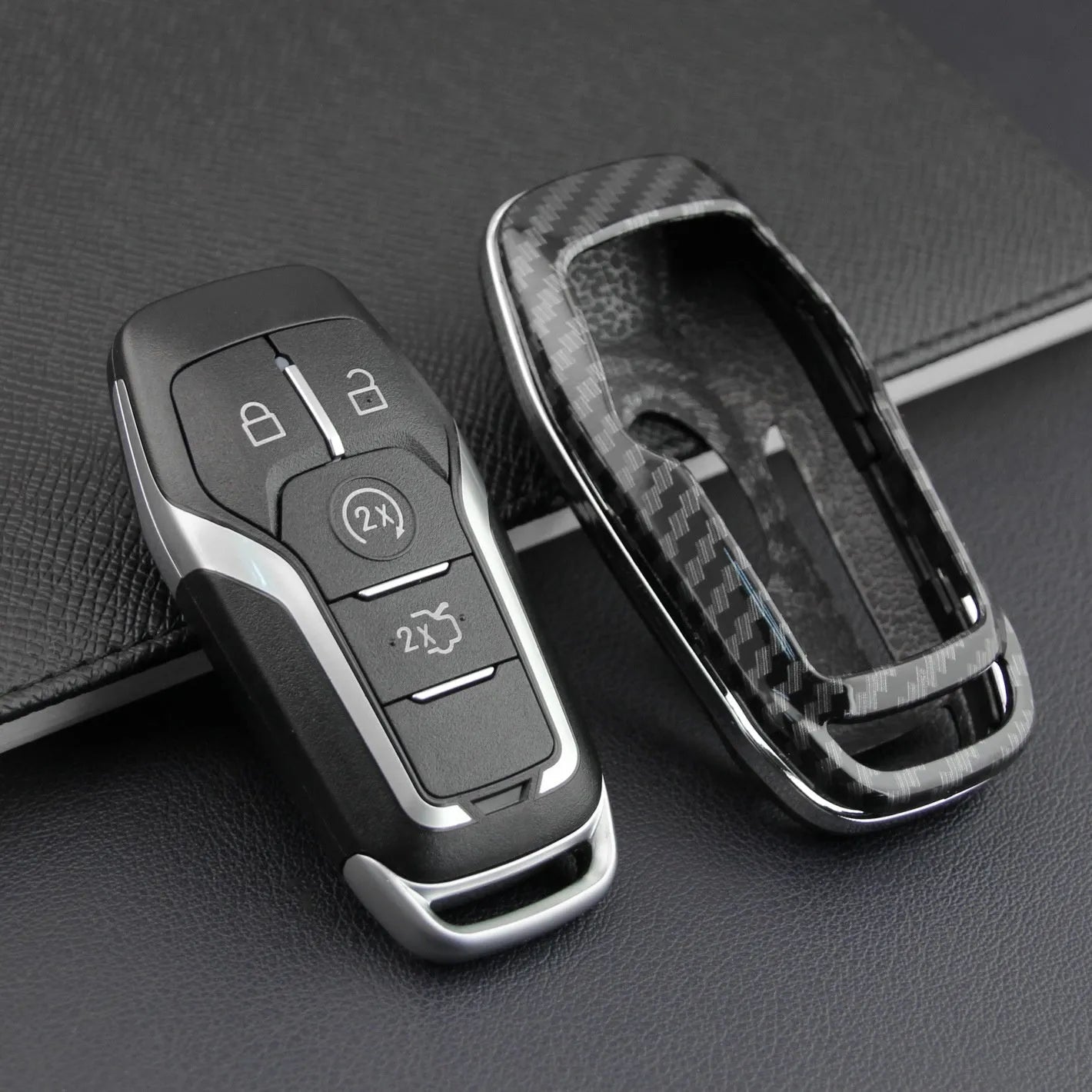 Plastic protective shell for a car key remote, shown in single shell and buckle style options.