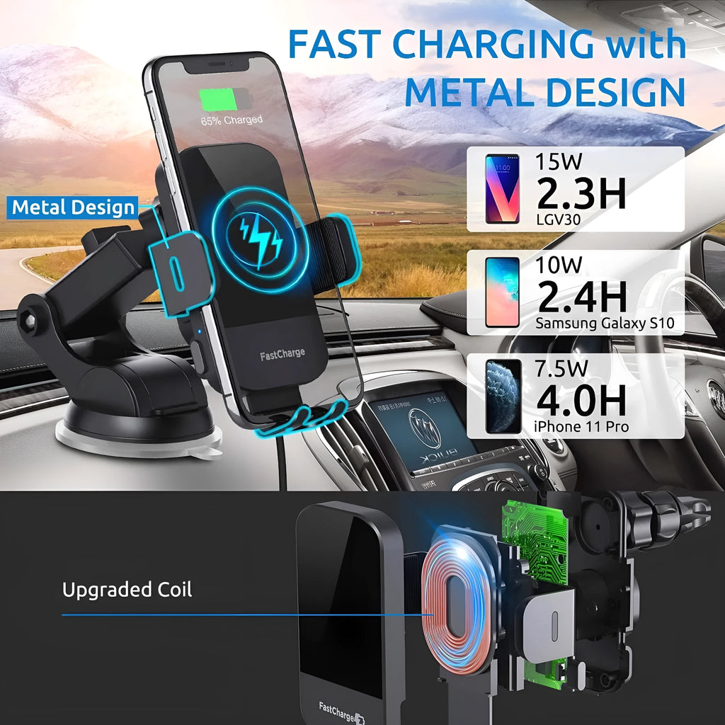 Black car wireless charging stand with 15W fast charging and multiple mounting options