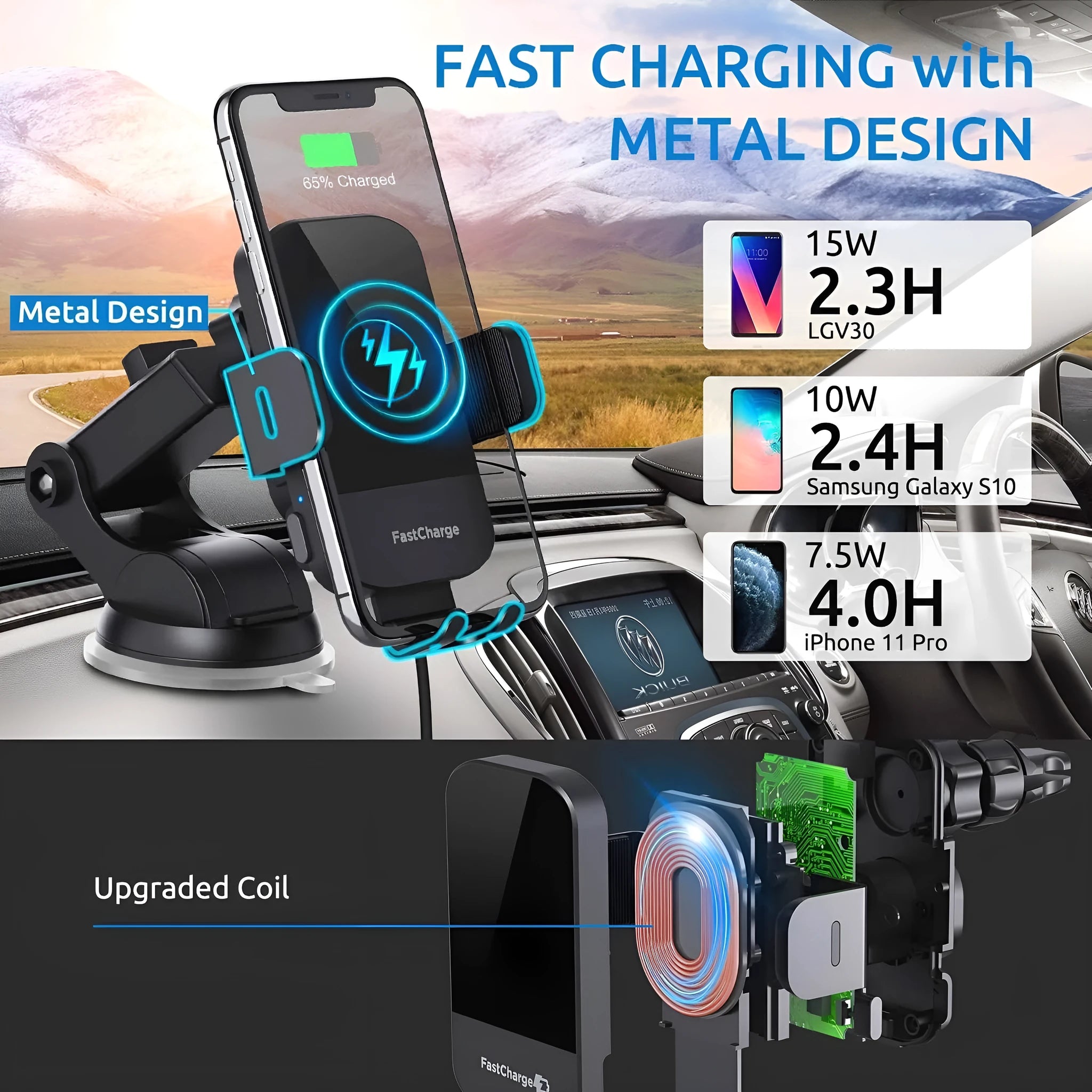Black car wireless charging stand with 15W fast charging and multiple mounting options