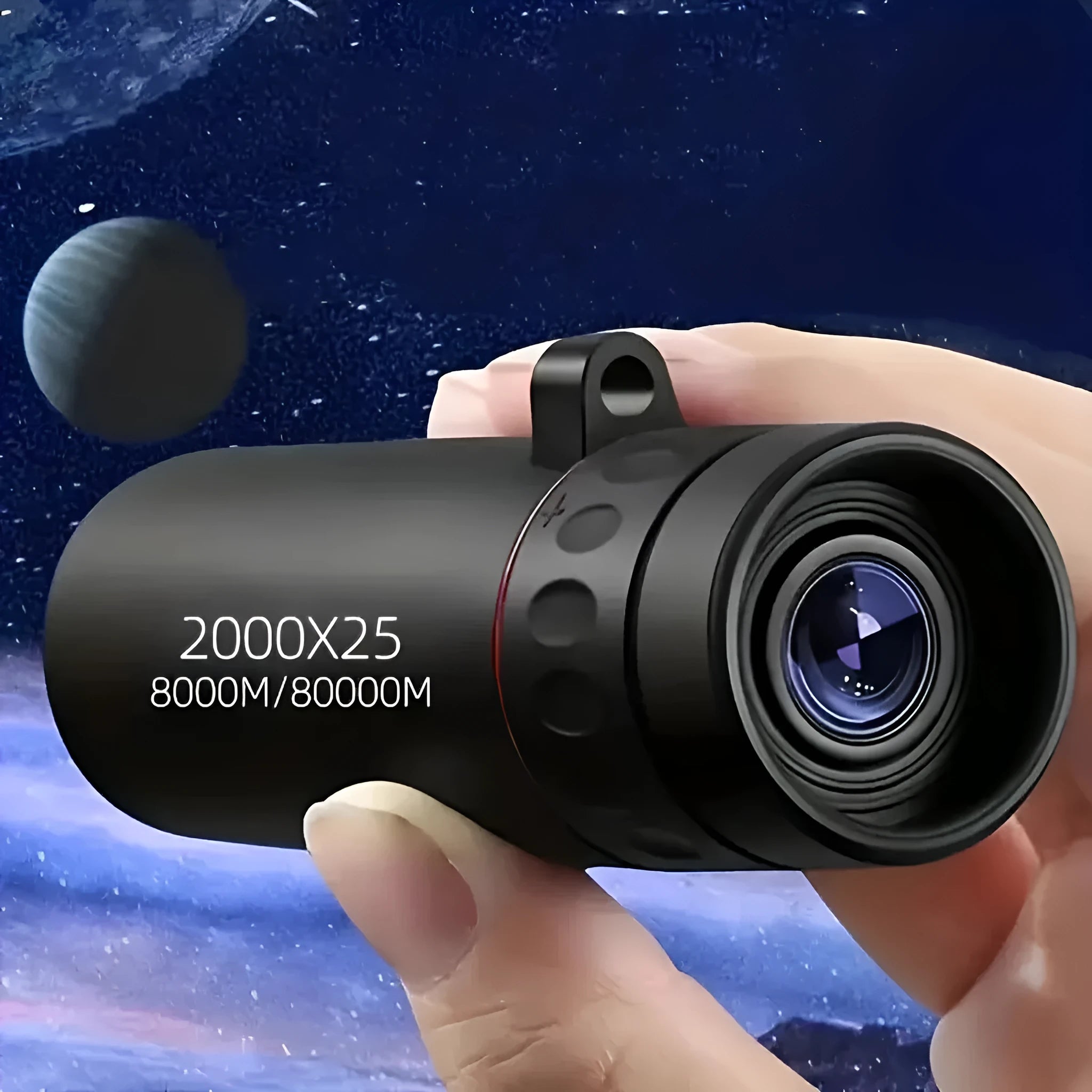 Black monocular telescope with rubber exterior and mobile phone holder attachment for outdoor use