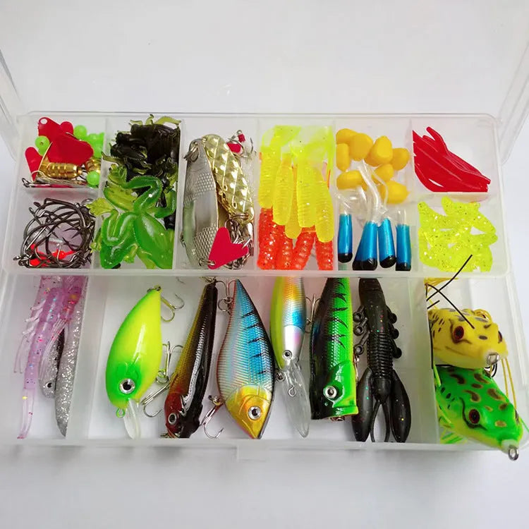 142-piece fishing lure suit with hard minnow baits, sequin spinners, and metal fishing pliers laid out on a table.