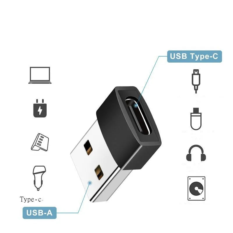 USB male to Type-C female adapter for charging and OTG connectivity in black or silver
