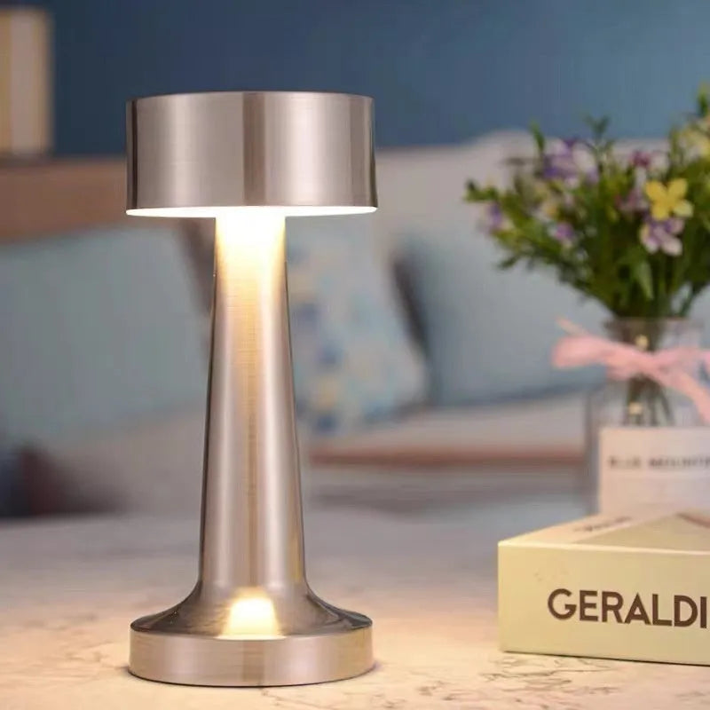 LED dumbbell creative night light with modern minimalist design in gold, silver, and red copper finishes, acrylic style