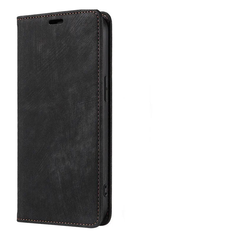 Black magnetic leather flip phone case for iPhone shown closed and open, displaying interior TPU shell and precise port cutouts.