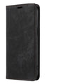 Black magnetic leather flip phone case for iPhone shown closed and open, displaying interior TPU shell and precise port cutouts.