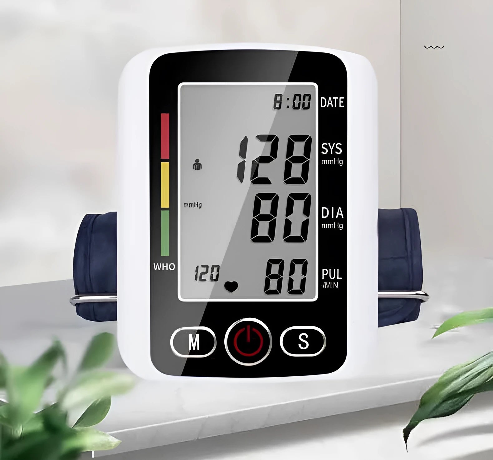 Automatic electronic arm sphygmomanometer with large screen display on a table