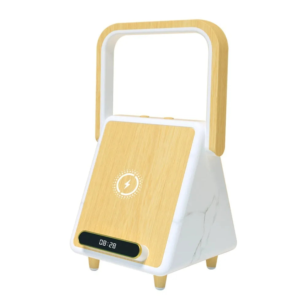 Wireless charging induction Bluetooth speaker small night lamp in Platinum Jazz finish on a wooden surface.