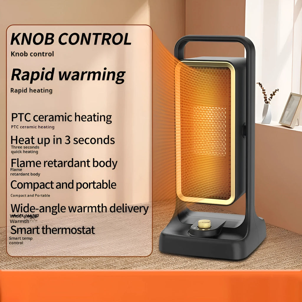 Black compact PTC ceramic air heater with control knob, shown with EU, UK, and US plug options.