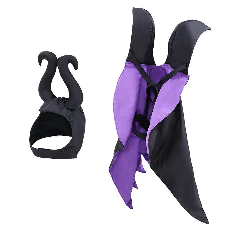Black polyester Halloween dog cloak and hat set on a dog for pet costume