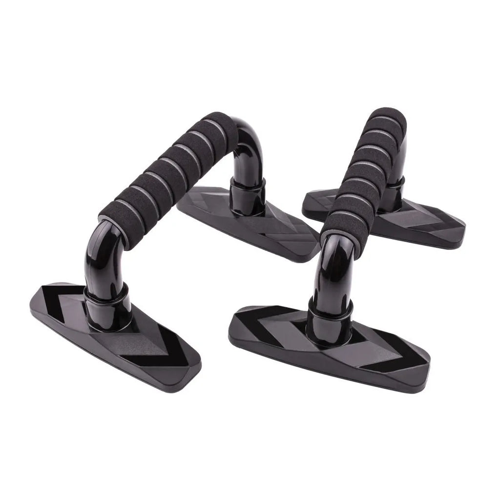 Two black I-shaped push up bars with grey PP sponge handles on a floor.