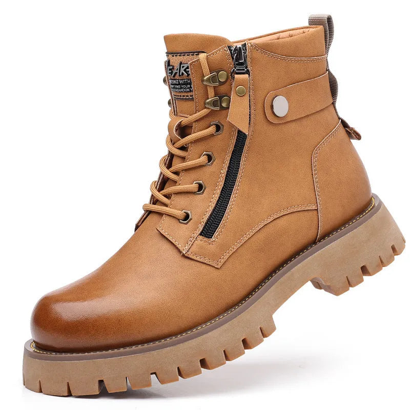 Men's brown high-top leather boots with a side zipper and mid heel.