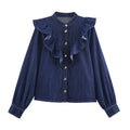 Autumn denim-look layered top and trousers set in solid colour with button detailing